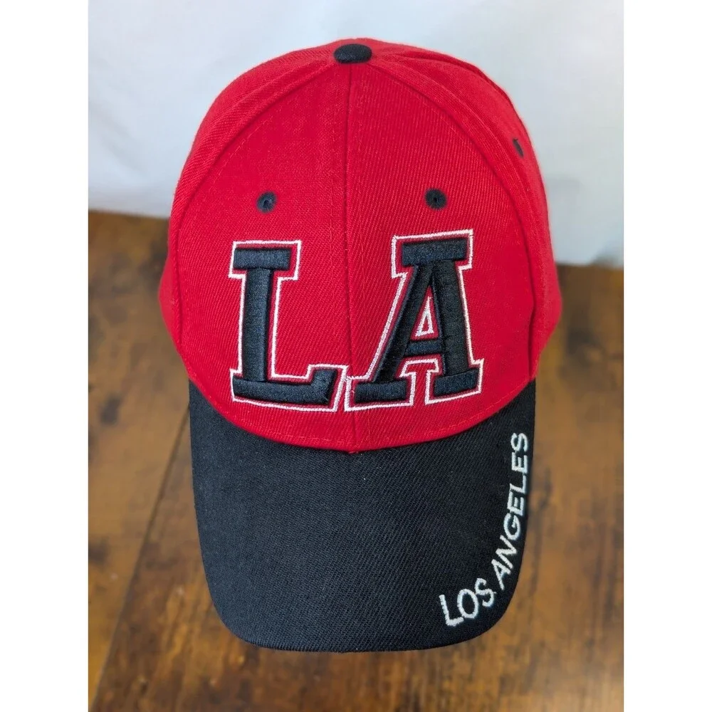 LA Los Angeles Baseball Hat Cap Red Black Two Tone Cursive Script Adjustable